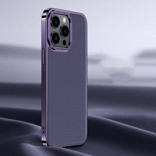 iPhone 13 Pro Max Litchi Texture Genuine Leather Phone Case - Purple