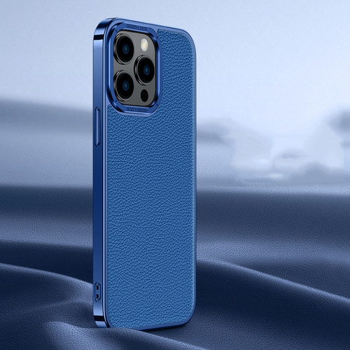 iPhone 13 Pro Max Litchi Texture Genuine Leather Phone Case - Blue