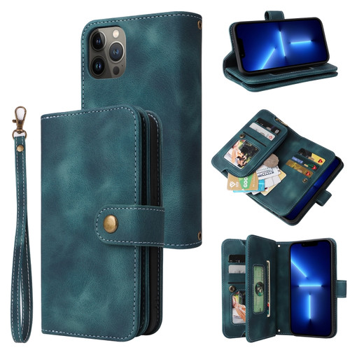 iPhone 13 Pro Max Multifunctional Card Slot Zipper Wallet Flip Leather Phone Case - Blue