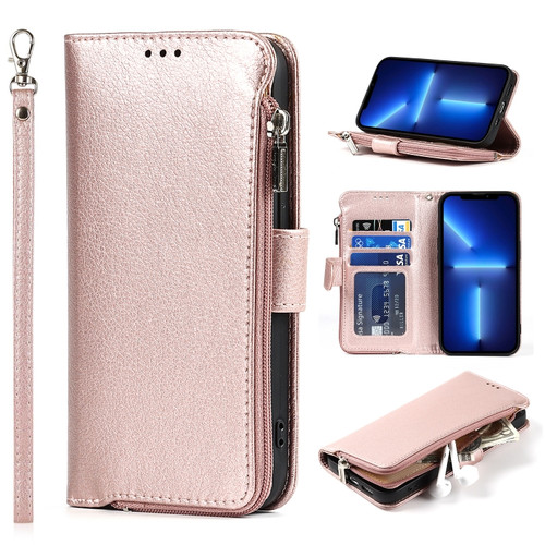 iPhone 13 Pro Max Microfiber Zipper Horizontal Flip Leather Case with Holder & Card Slots & Wallet  - Rose Gold