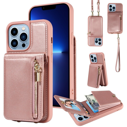 iPhone 13 Pro Max Crossbody Lanyard Zipper Wallet Leather Phone Case - Rose Gold