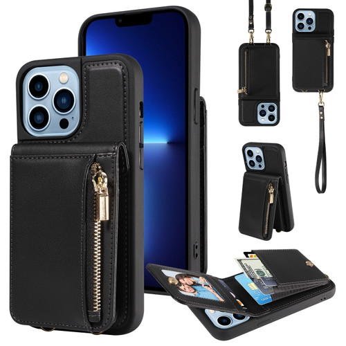 iPhone 13 Pro Max Crossbody Lanyard Zipper Wallet Leather Phone Case - Black