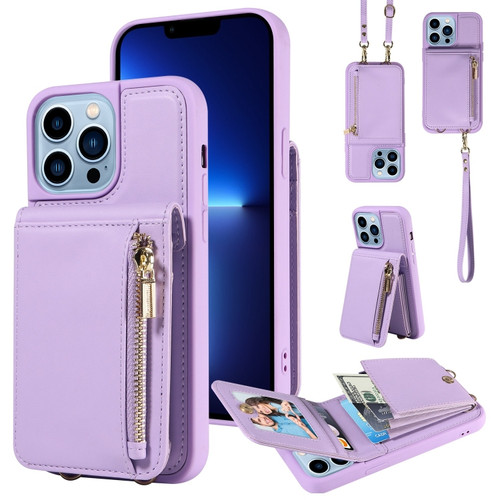 iPhone 13 Pro Max Crossbody Lanyard Zipper Wallet Leather Phone Case - Purple