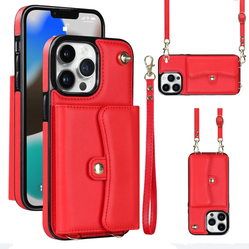 iPhone 13 Pro Max RFID Card Slot Phone Case with Long Lanyard - Red