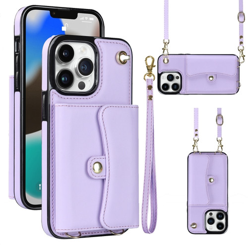 iPhone 13 Pro Max RFID Card Slot Phone Case with Long Lanyard - Purple
