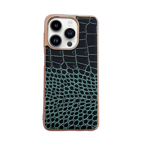 iPhone 13 Pro Max Crocodile Texture Genuine Leather Nano Electroplating Phone Case - Dark Green