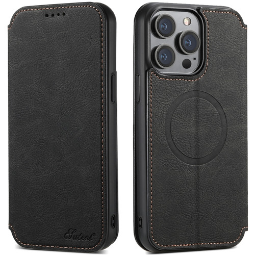 iPhone 13 Pro Max Suteni J06 Retro Matte Litchi Texture Leather Magnetic Magsafe Phone Case - Black