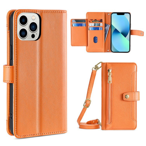 iPhone 13 Pro Max Sheep Texture Cross-body Zipper Wallet Leather Phone Case - Orange