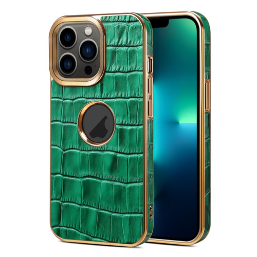 iPhone 13 Pro Max Denior Crocodile Texture Genuine Leather Electroplating Phone Case - Green