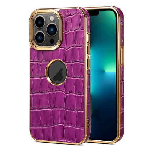 iPhone 13 Pro Max Denior Crocodile Texture Genuine Leather Electroplating Phone Case - Purple