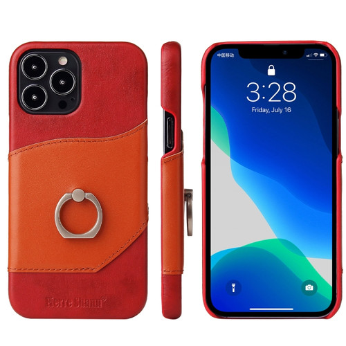 iPhone 13 Pro Max Fierre Shann Oil Wax Texture Genuine Leather Back Cover Case with 360 Degree Rotation Holder & Card Slot  - Red