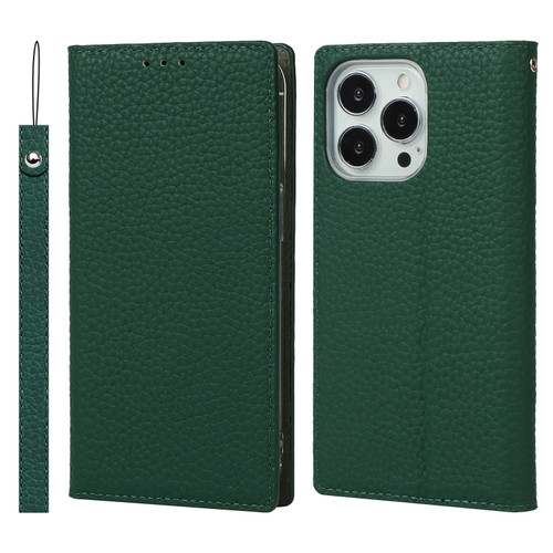 iPhone 13 Pro Max Litchi Texture Genuine Leather Phone Case With Lanyard & Holder & Card Slots & Wallet  - Dark Green