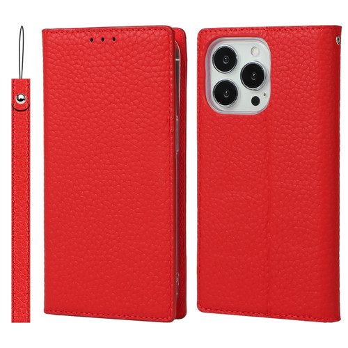 iPhone 13 Pro Max Litchi Texture Genuine Leather Phone Case With Lanyard & Holder & Card Slots & Wallet  - Red