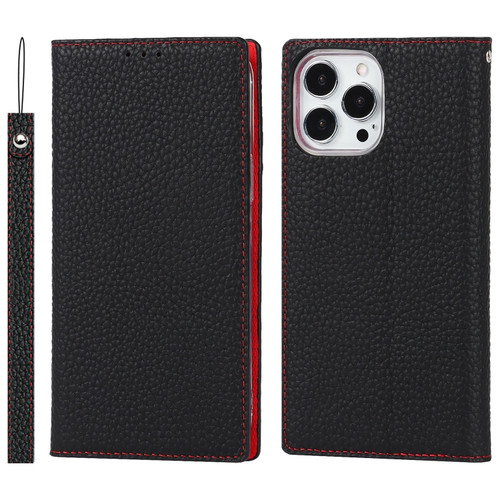 iPhone 13 Pro Max Litchi Texture Genuine Leather Phone Case With Lanyard & Holder & Card Slots & Wallet  - Black