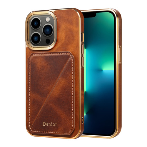 iPhone 13 Pro Max Denior Oil Wax Leather Electroplating Card Slot Holder Phone Case - Brown