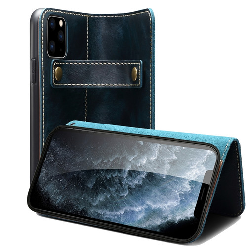 iPhone 13 Pro Max Denior Oil Wax Cowhide DK Magnetic Button Leather Phone Case - Dark Blue