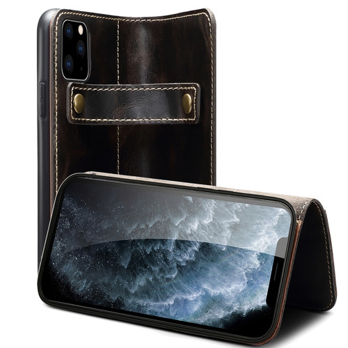 iPhone 13 Pro Max Denior Oil Wax Cowhide DK Magnetic Button Leather Phone Case - Black