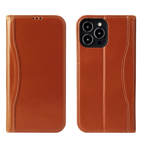 iPhone 13 Pro Max Genuine Leather Horizontal Flip Leather Case with Holder & Card Slots & Wallet  - Brown