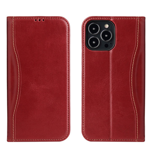 iPhone 13 Pro Max Genuine Leather Horizontal Flip Leather Case with Holder & Card Slots & Wallet  - Wine Red