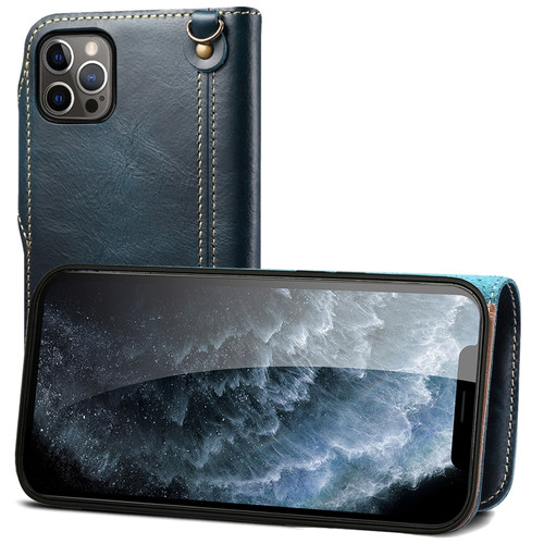 iPhone 13 Pro Max Denior Oil Wax Cowhide Magnetic Button Genuine Leather Case - Dark Blue