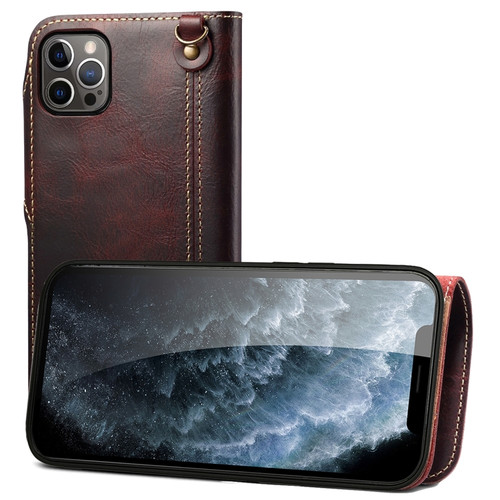 iPhone 13 Pro Max Denior Oil Wax Cowhide Magnetic Button Genuine Leather Case - Dark Red
