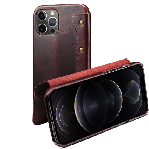 iPhone 13 Pro Max Denior Oil Wax Top Layer Cowhide Simple Flip Leather Case - Dark Red