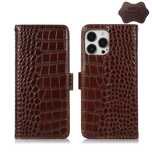 iPhone 13 Pro Max Crocodile Top Layer Cowhide Leather Phone Case  - Brown
