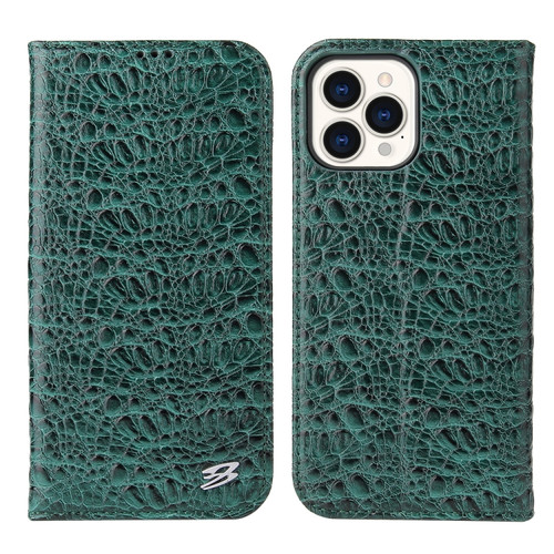 iPhone 13 Pro Max Fierre Shann Crocodile Texture Magnetic Horizontal Flip Genuine Leather Case with Holder & Card Slot  - Green