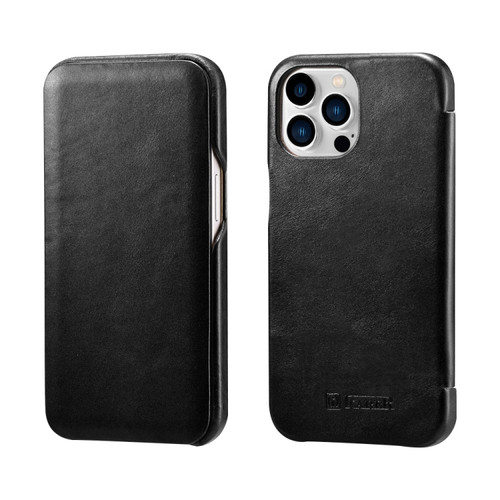 iPhone 13 Pro Max ICARER First Layer Cowhide Horizontal Flip Phone Case  - Black