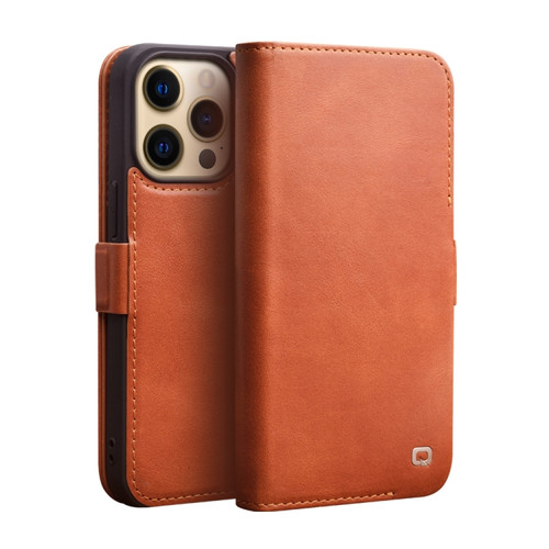 iPhone 13 Pro Max QIALINO Magnetic Buckle Leather Phone Case  - Brown