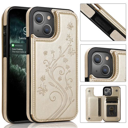 iPhone 13 Pro Butterflies Flowers Double Buckle PU + TPU Protective Case with Holder & Card Slots & Photo Frame  - Gold