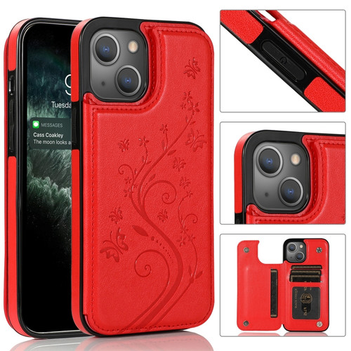 iPhone 13 Pro Butterflies Flowers Double Buckle PU + TPU Protective Case with Holder & Card Slots & Photo Frame  - Red