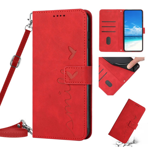 iPhone 13 Pro Skin Feel Heart Pattern Leather Phone Case With Lanyard  - Red