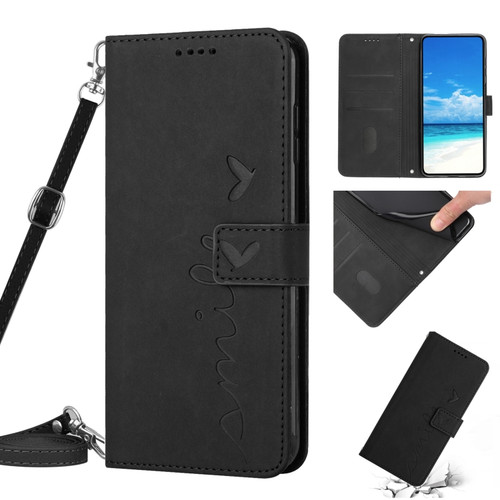 iPhone 13 Pro Skin Feel Heart Pattern Leather Phone Case With Lanyard  - Black