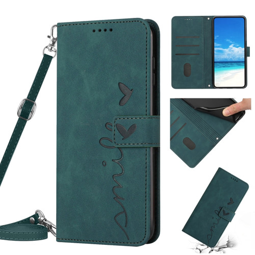 iPhone 13 Pro Skin Feel Heart Pattern Leather Phone Case With Lanyard  - Green