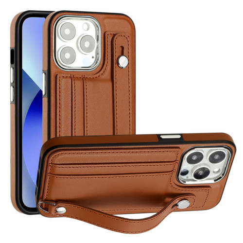 iPhone 13 Pro Shockproof Leather Phone Case with Wrist Strap - Brown