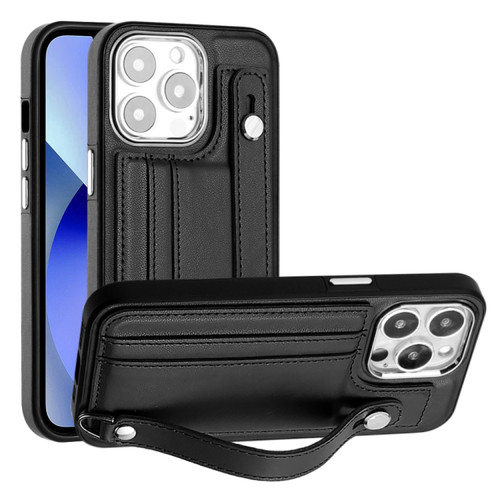 iPhone 13 Pro Shockproof Leather Phone Case with Wrist Strap - Black