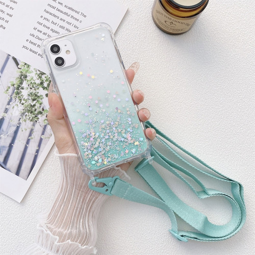 iPhone 13 Pro Gradient Glitter Powder Epoxy TPU Thickened Acrylic Shockproof Case with Wide Neck Lanyard  - Glacier Blue