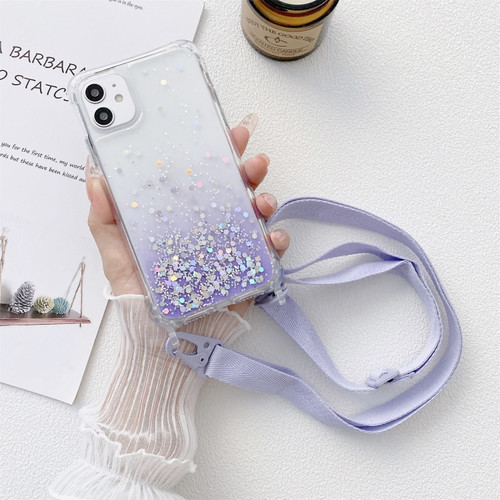 iPhone 13 Pro Gradient Glitter Powder Epoxy TPU Thickened Acrylic Shockproof Case with Wide Neck Lanyard  - Purple