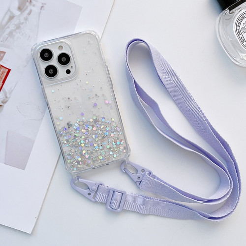 iPhone 13 Pro Lanyard Glitter Epoxy Clear Phone Case  - Purple