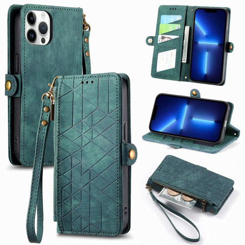 iPhone 13 Pro Geometric Zipper Wallet Side Buckle Leather Phone Case - Green