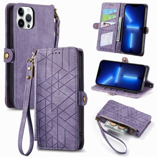 iPhone 13 Pro Geometric Zipper Wallet Side Buckle Leather Phone Case - Purple