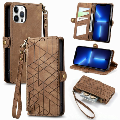 iPhone 13 Pro Geometric Zipper Wallet Side Buckle Leather Phone Case - Brown