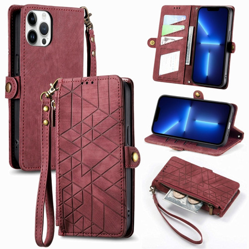 iPhone 13 Pro Geometric Zipper Wallet Side Buckle Leather Phone Case - Red