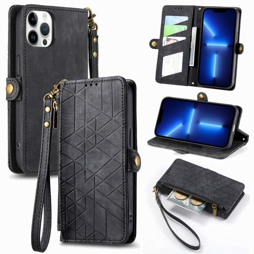 iPhone 13 Pro Geometric Zipper Wallet Side Buckle Leather Phone Case - Black