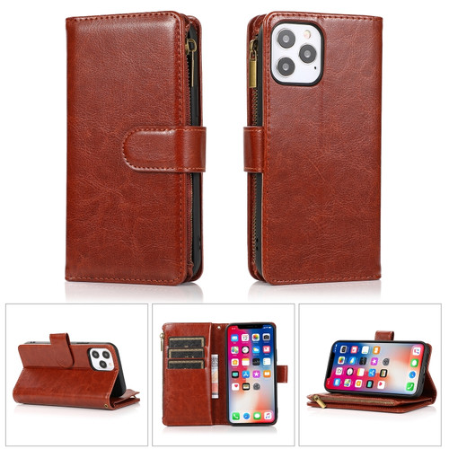 iPhone 13 Pro Multifunctional Crazy Horse Texture Horizontal Flip Leather Case with 9 Card Slot & Holder & Zipper Wallet & Lanyard  - Brown