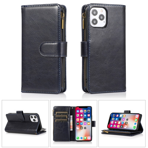 iPhone 13 Pro Multifunctional Crazy Horse Texture Horizontal Flip Leather Case with 9 Card Slot & Holder & Zipper Wallet & Lanyard  - Blue