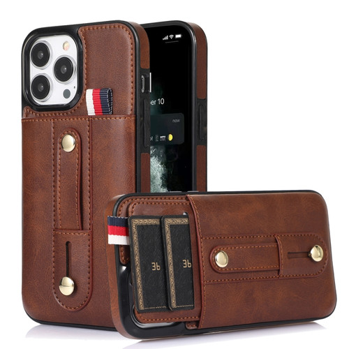 iPhone 13 Pro Wristband Kickstand Wallet Leather Phone Case  - Brown