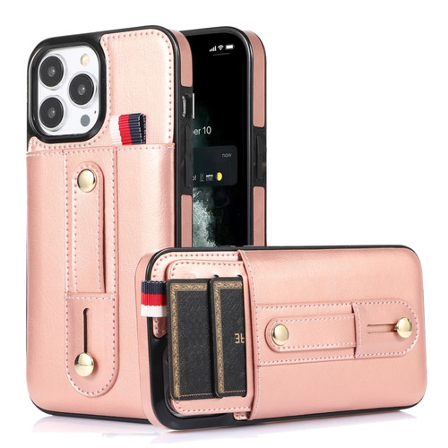 iPhone 13 Pro Wristband Kickstand Wallet Leather Phone Case  - Rose Gold