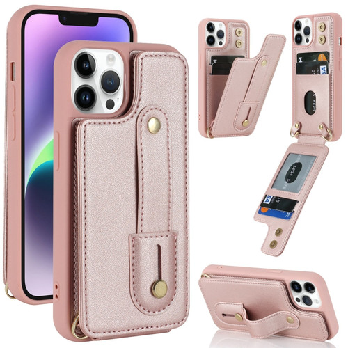 iPhone 13 Pro Wristband Vertical Flip Wallet Back Cover Phone Case - Rose Gold